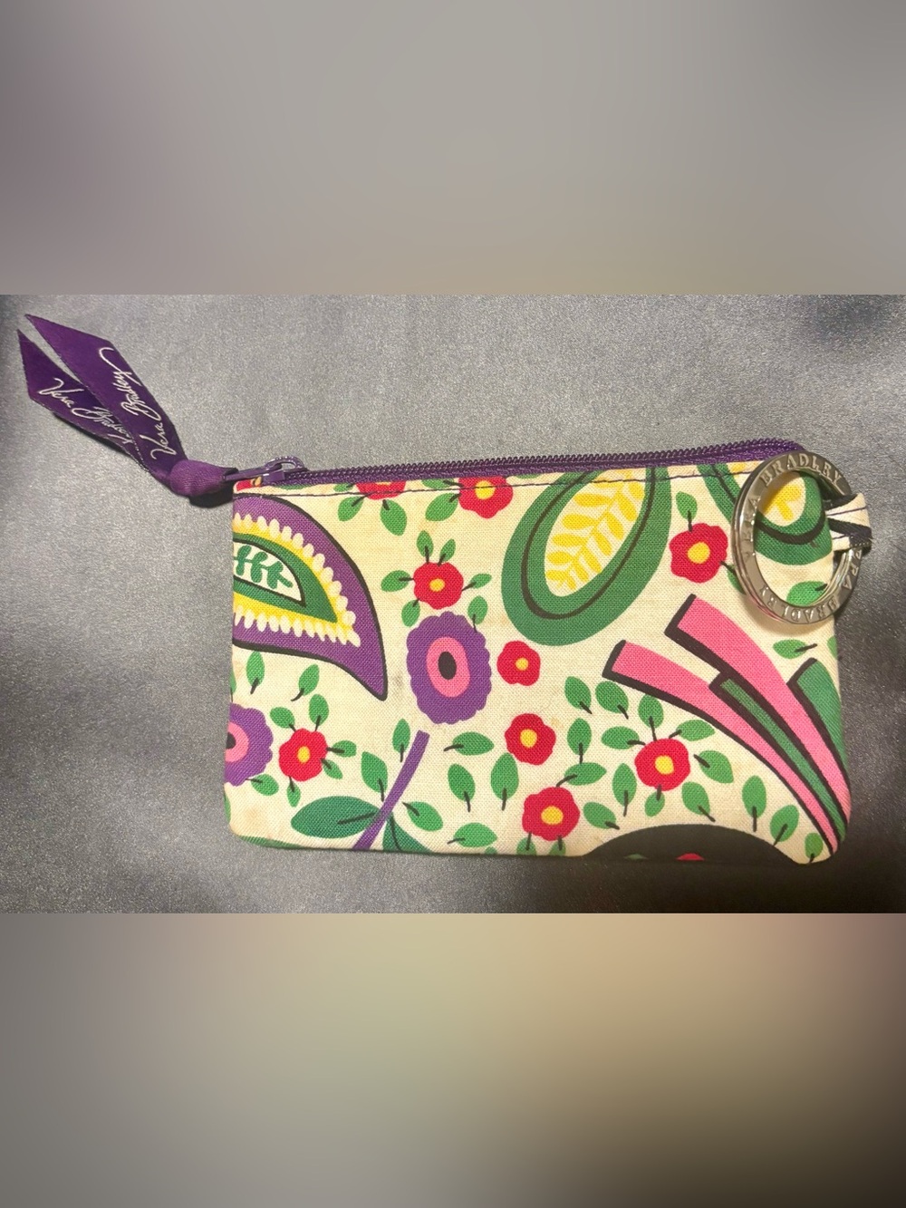 Floral Canvas Zip Pouch with key ring and ID pocket - Purple & Green & Cream